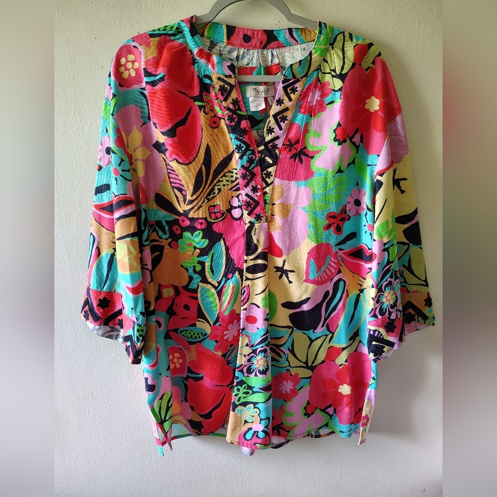 True Luxe Colorful Boho Embroidered Cotton Beach Artsy V Neck Tunic Top Large